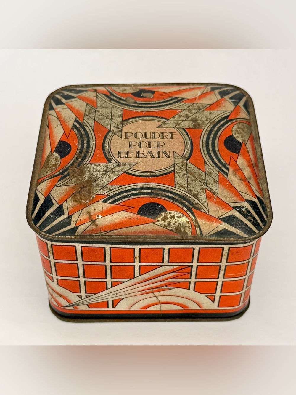 Antique Decorative Tin Box 1920s French Art Deco Orange Gold Poudre Pour Le Bain